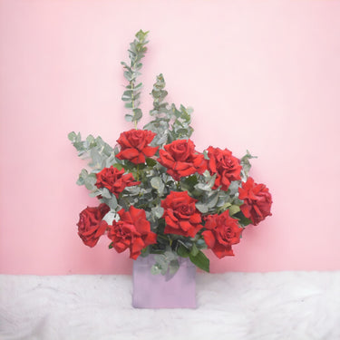 Red Rose Eucalyptus Ceramic Vase Arrangement, Graceful Elegance, Red Roses, Eucalyptus Accent, Classic Vase